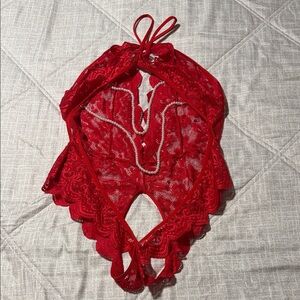 Elegant Red Lace backless, crotchless lingerie sz Large